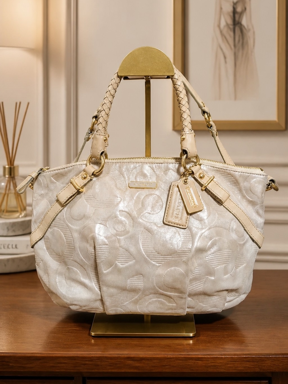 Coach Cream Signature Jacquard Satchel with Braided Handles